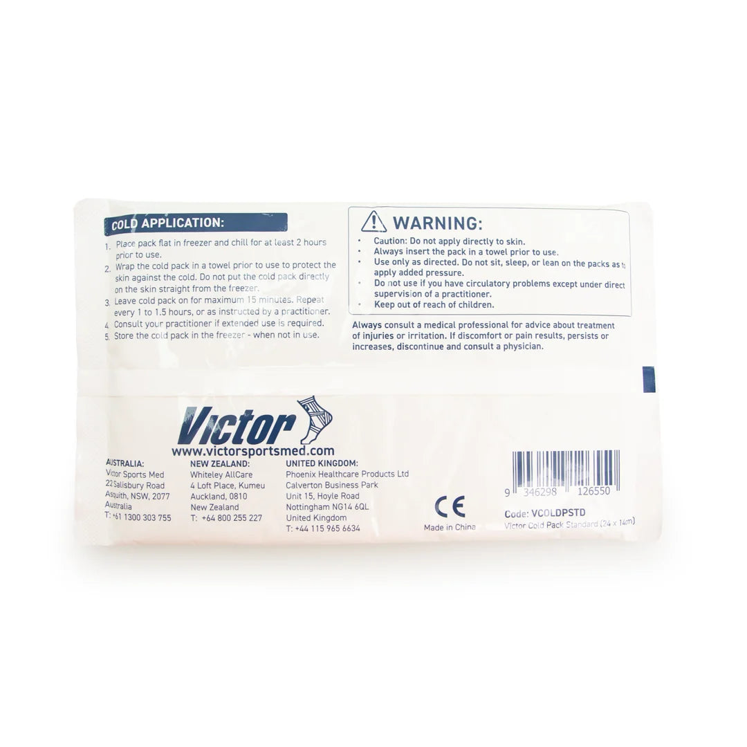 Back label of a cold pack with Victor branding on a white background